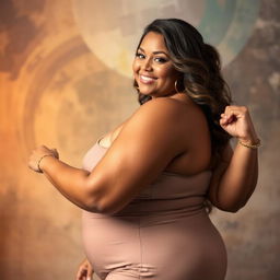 A beautiful, confident plus-sized woman with an empowering pose, celebrating body positivity