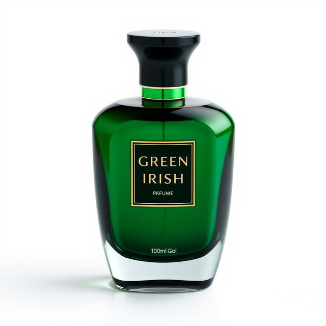 A beautifully designed perfume bottle labeled 'Green Irish' from the brand 'Perfume Gol', featuring an elegant and modern design