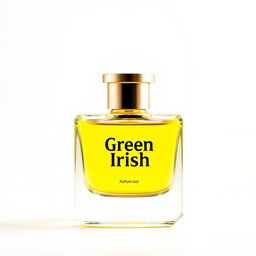 A visually striking image of a 100ml perfume bottle featuring the label 'Green Irish' with a bright yellow liquid inside