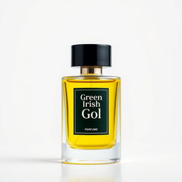 A visually striking image of a 100ml perfume bottle featuring the label 'Green Irish' with a bright yellow liquid inside