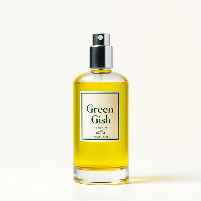 A visually striking image of a 100ml perfume bottle featuring the label 'Green Irish' with a bright yellow liquid inside