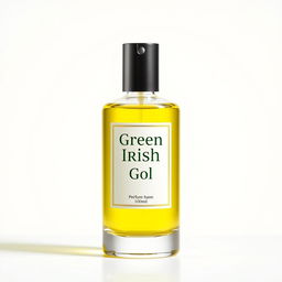 A visually striking image of a 100ml perfume bottle featuring the label 'Green Irish' with a bright yellow liquid inside