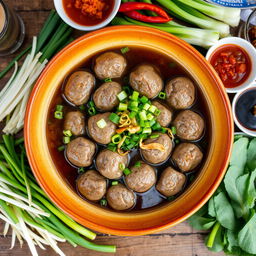 A beautifully arranged dish of Indonesian bakso, featuring a large bowl filled with steaming meatballs made from high-quality beef, surrounded by delicious garnishes such as green onions, fried shallots, and slices of chili