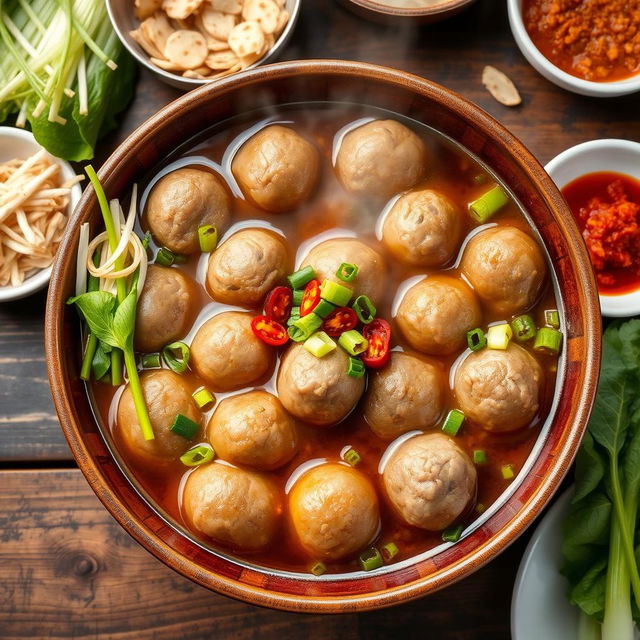 A beautifully arranged dish of Indonesian bakso, featuring a large bowl filled with steaming meatballs made from high-quality beef, surrounded by delicious garnishes such as green onions, fried shallots, and slices of chili