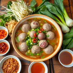 A beautifully arranged dish of Indonesian bakso, featuring a large bowl filled with steaming meatballs made from high-quality beef, surrounded by delicious garnishes such as green onions, fried shallots, and slices of chili