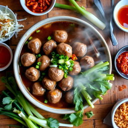 A beautifully arranged dish of Indonesian bakso, featuring a large bowl filled with steaming meatballs made from high-quality beef, surrounded by delicious garnishes such as green onions, fried shallots, and slices of chili