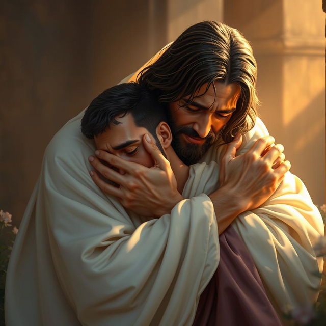 A heartfelt scene depicting Jesus Christ, with flowing robes and gentle demeanor, embracing a man who is shedding tears