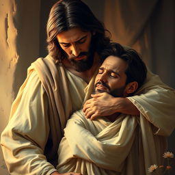 A heartfelt scene depicting Jesus Christ, with flowing robes and gentle demeanor, embracing a man who is shedding tears