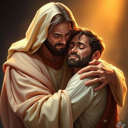 A heartfelt scene depicting Jesus Christ, with flowing robes and gentle demeanor, embracing a man who is shedding tears