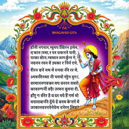 A beautifully illustrated page from the Bhagavad Gita, featuring intricate designs and vibrant colors