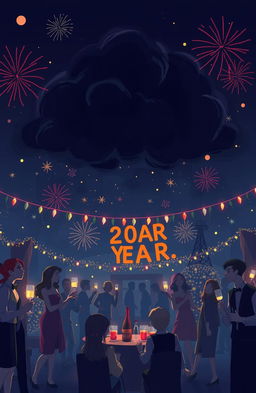 A simple yet mysterious scene depicting a New Year's celebration, with festive decorations and people in celebration