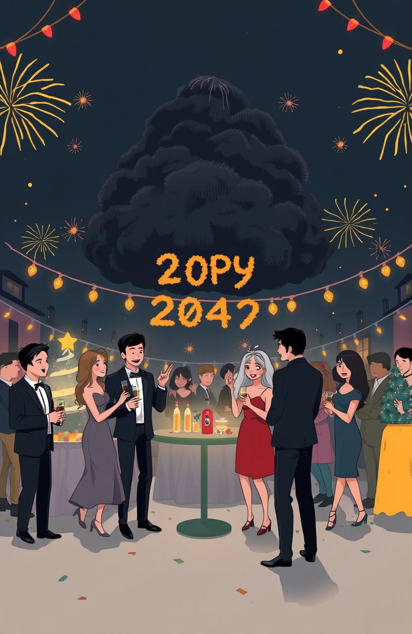 A simple yet mysterious scene depicting a New Year's celebration, with festive decorations and people in celebration