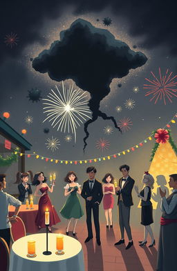 A simple yet mysterious scene depicting a New Year's celebration, with festive decorations and people in celebration