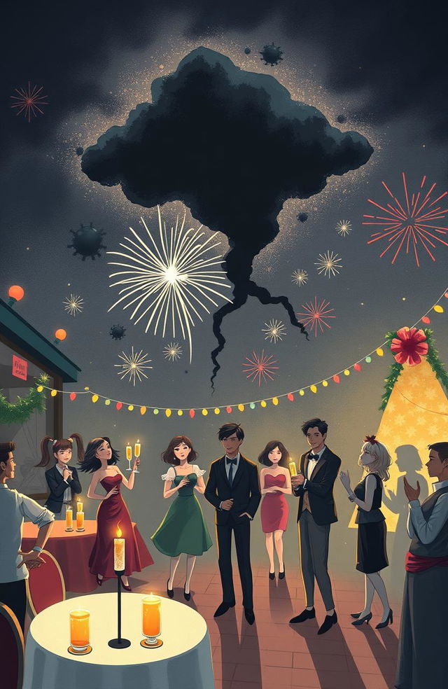 A simple yet mysterious scene depicting a New Year's celebration, with festive decorations and people in celebration