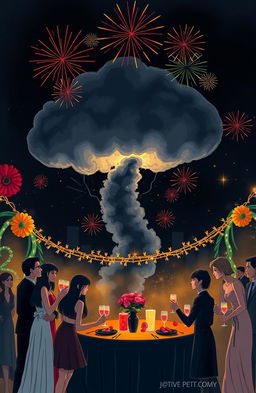 A simple yet mysterious scene depicting a New Year's celebration, with festive decorations and people in celebration