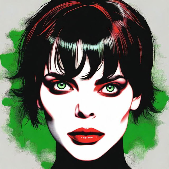 A high-quality digital art image depicts a young woman with a striking resemblance to actress Fairuza Balk