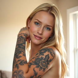 A blonde woman with a striking tattoo covering her entire left arm poses confidently for the camera