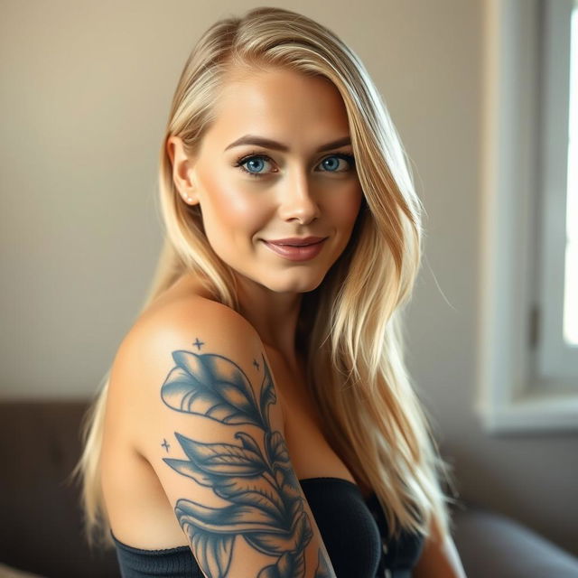 A blonde woman with a striking tattoo covering her entire left arm poses confidently for the camera