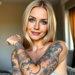 A blonde woman with a striking tattoo covering her entire left arm poses confidently for the camera