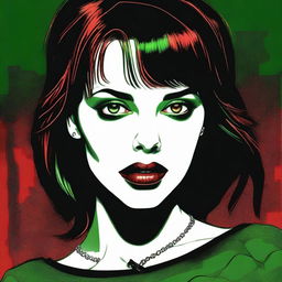 A high-quality digital art image depicts a young woman with a striking resemblance to actress Fairuza Balk