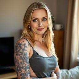 A blonde woman with a striking tattoo covering her entire left arm stands confidently, posing for the camera against a neutral wall in her cozy home