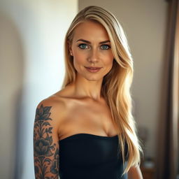 A blonde woman with a striking tattoo covering her entire left arm stands confidently, posing for the camera against a neutral wall in her cozy home