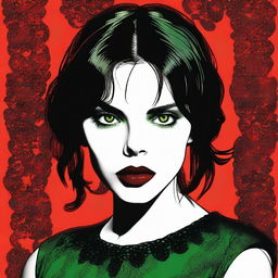 A high-quality digital art image depicts a young woman with a striking resemblance to actress Fairuza Balk