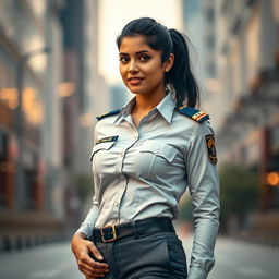 A striking portrait of an Indian policewoman, confidently standing in a contemporary urban setting