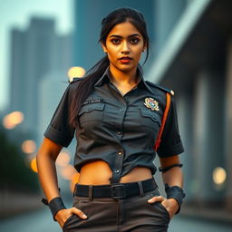 A striking portrait of an Indian policewoman, confidently standing in a contemporary urban setting