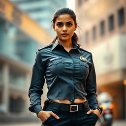 A striking portrait of an Indian policewoman, confidently standing in a contemporary urban setting