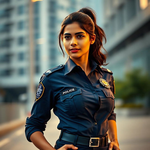 A striking portrait of an Indian policewoman, confidently standing in a contemporary urban setting