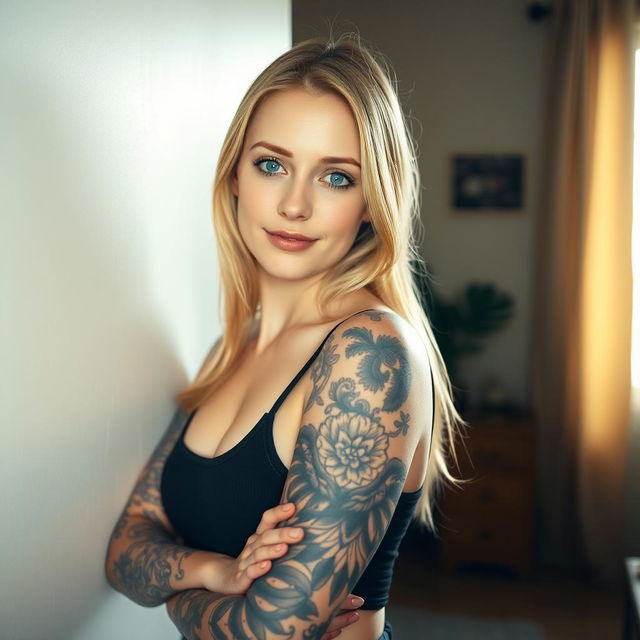 A blonde woman with a striking tattoo covering her entire left arm stands confidently, posing for the camera against a neutral wall in her cozy home