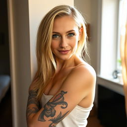 A blonde woman with a striking tattoo covering her entire left arm stands confidently, posing for the camera against a neutral wall in her cozy home