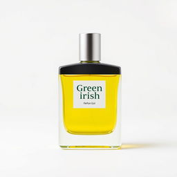 A sleek bottle of perfume with the label "Green Irish" featuring a bright yellow liquid inside