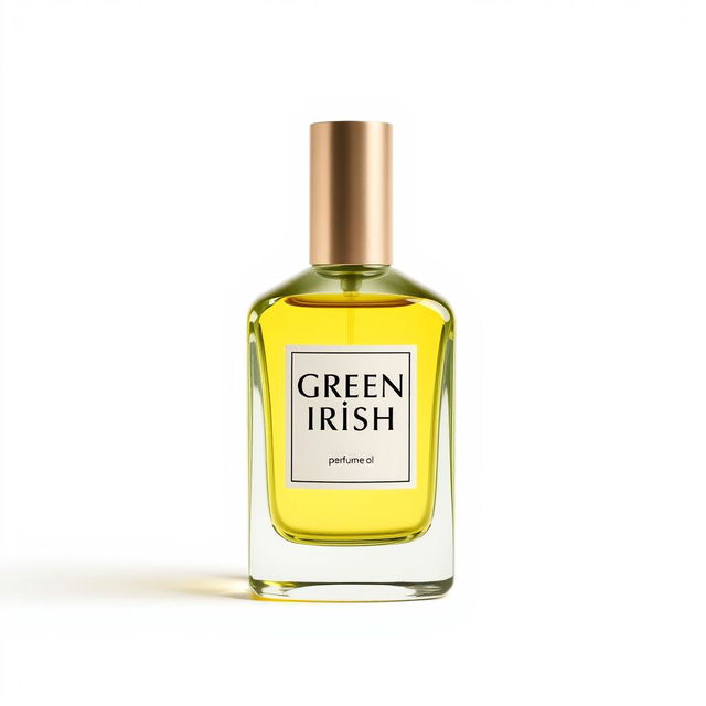 A sleek bottle of perfume with the label "Green Irish" featuring a bright yellow liquid inside