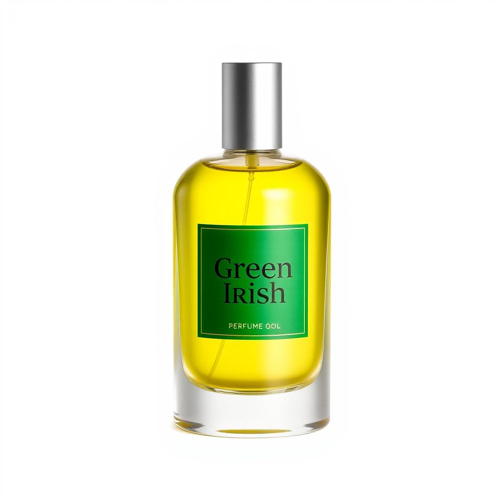 A sleek bottle of perfume with the label "Green Irish" featuring a bright yellow liquid inside