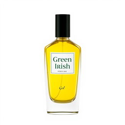 A sleek bottle of perfume with the label "Green Irish" featuring a bright yellow liquid inside