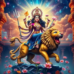 An artistic representation of Durga Devi, a powerful goddess in Hindu mythology, depicted riding a majestic lion