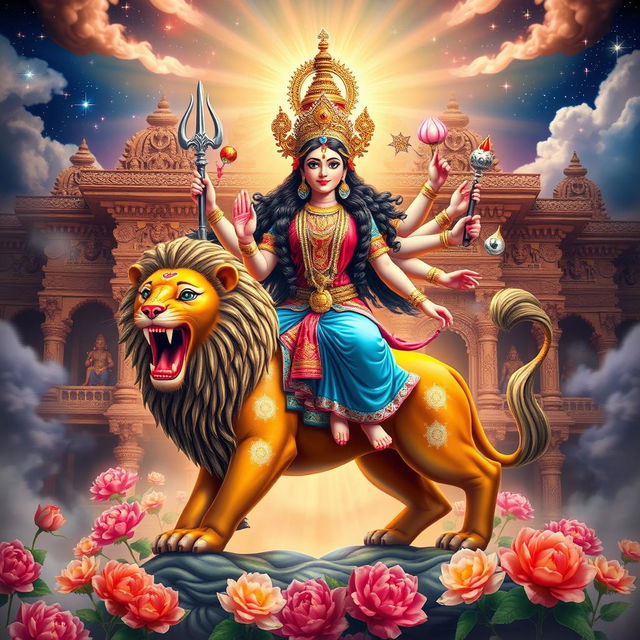 An artistic representation of Durga Devi, a powerful goddess in Hindu mythology, depicted riding a majestic lion