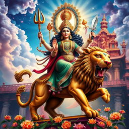 An artistic representation of Durga Devi, a powerful goddess in Hindu mythology, depicted riding a majestic lion