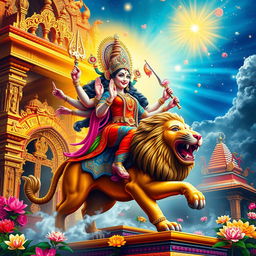 An artistic representation of Durga Devi, a powerful goddess in Hindu mythology, depicted riding a majestic lion