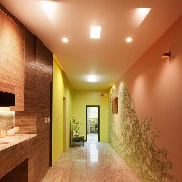 A well-illuminated 2 BHK interior with recommendations for paint colors and design featuring modern styles and bright contrasts.