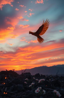 A powerful image representing the concept of rising from the ashes, illustrating a journey of love, loss, and resilience