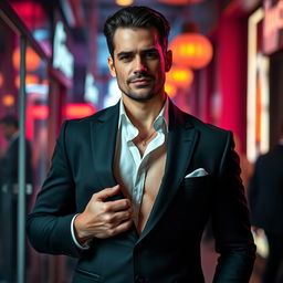 A provocative and captivating image of a confident man exhibiting traits commonly associated with being a 'debauched' figure