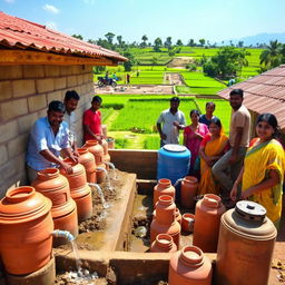 A vibrant and engaging scene of a rainwater harvesting project in India, depicting traditional and modern techniques