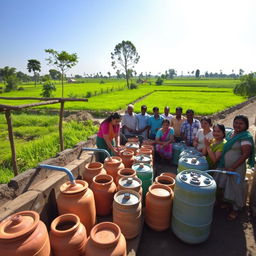 A vibrant and engaging scene of a rainwater harvesting project in India, depicting traditional and modern techniques