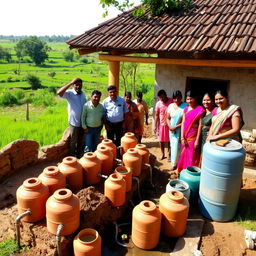 A vibrant and engaging scene of a rainwater harvesting project in India, depicting traditional and modern techniques