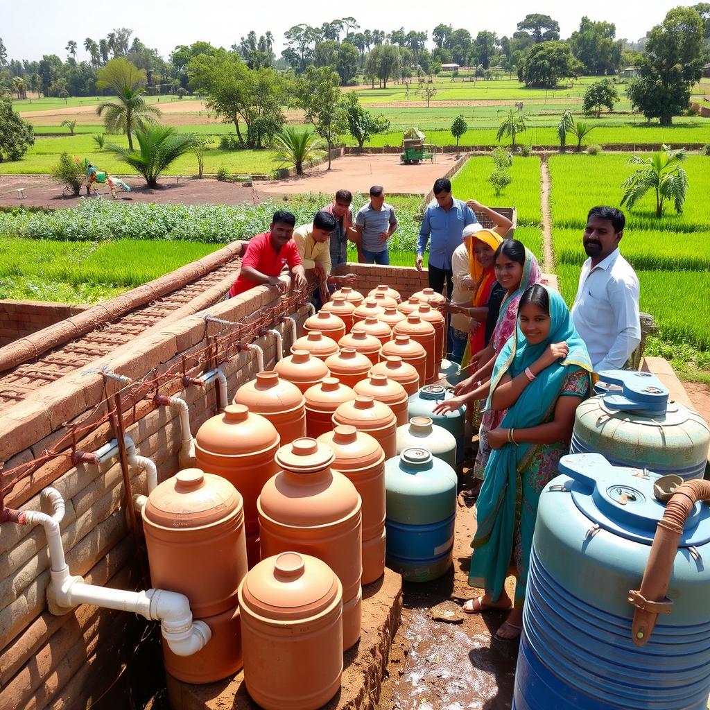 A vibrant and engaging scene of a rainwater harvesting project in India, depicting traditional and modern techniques