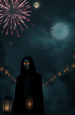 A hauntingly beautiful New Year's celebration, featuring a dark, foggy night sky filled with ghostly fireworks