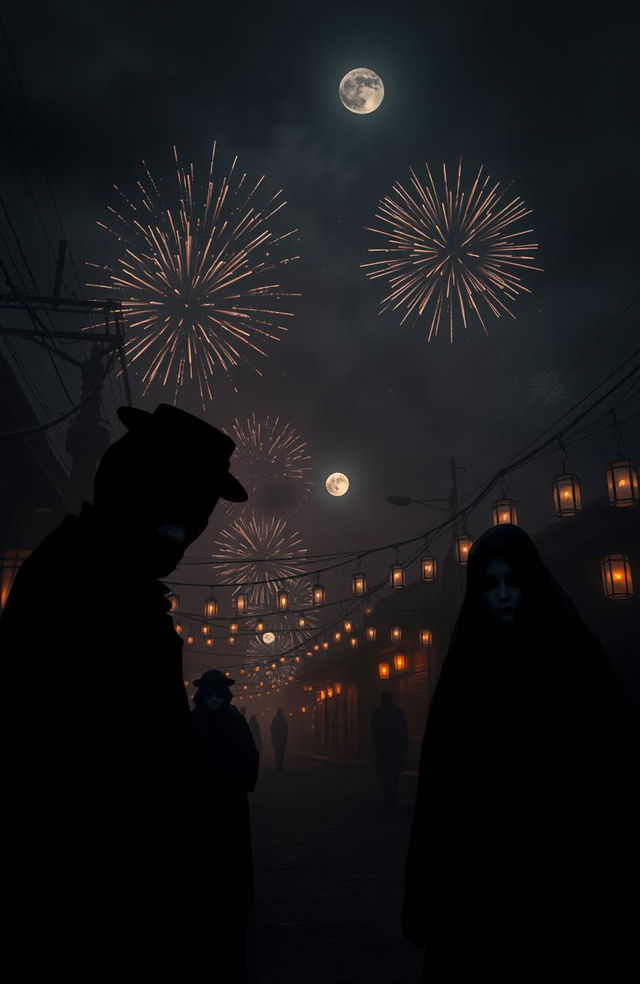 A hauntingly beautiful New Year's celebration, featuring a dark, foggy night sky filled with ghostly fireworks